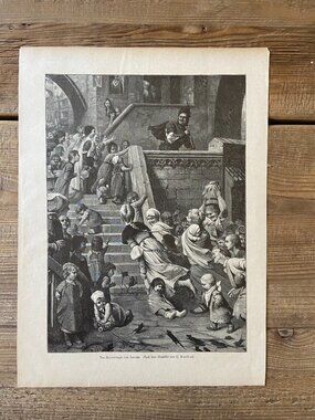Antique Print, Woodcute Engraving, Pied Piper of Hamelin,